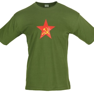 Vintage Military USSR Olive T-shirt with Red Star Hammer & Sickle Insert Army Tee