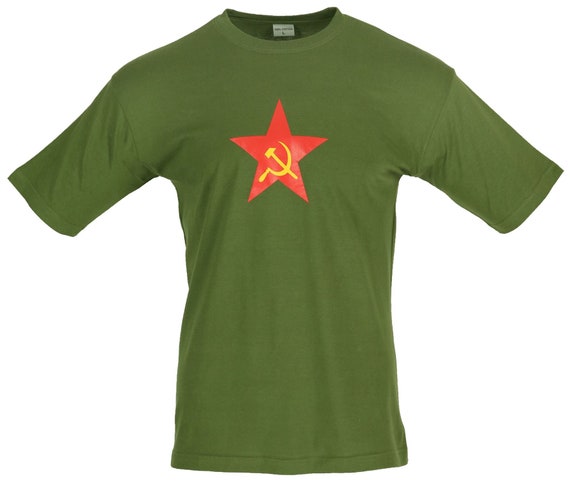 Vintage Military USSR Olive T-shirt With Red Star Hammer & Sickle