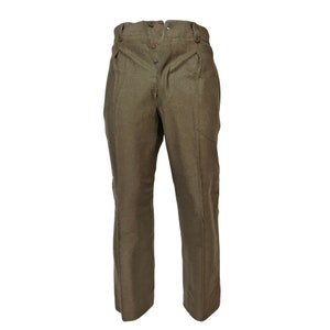 May include: A pair of olive green pants with a button fly and a high waist.