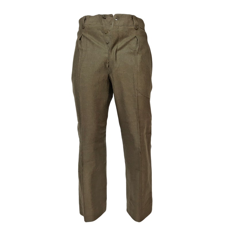 May include: A pair of olive green pants with a button fly and a high waist.