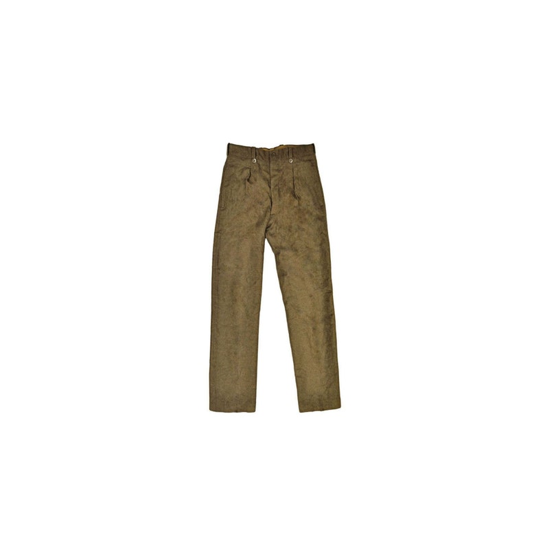 May include: A pair of brown corduroy pants with a button fly and belt loops.