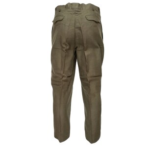 May include: A pair of olive green pants with a button fly and two back pockets.