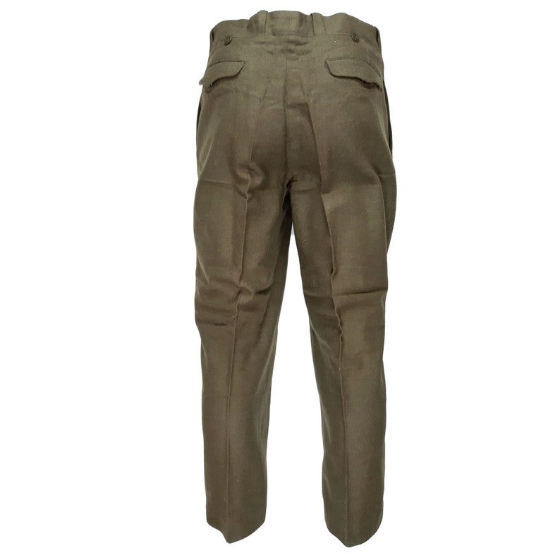 May include: A pair of olive green pants with a button fly and two back pockets.