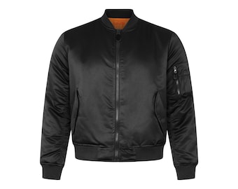 Bomber Jacket MA1 Slim Fitted Light Padded Satin Soft Flight Coat Black