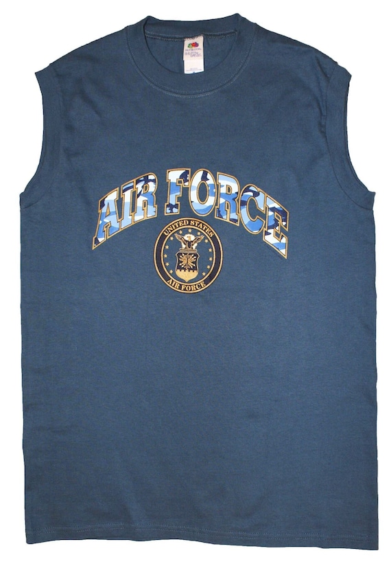 Sleeveless Military Gym Top Fancy Cotton Muscle Tee Navy with US Air Force  Logo Print Sports Training