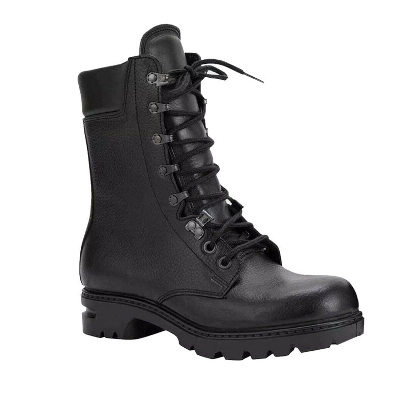 May include: Black leather hiking boots with a lace-up closure and a thick rubber sole.
