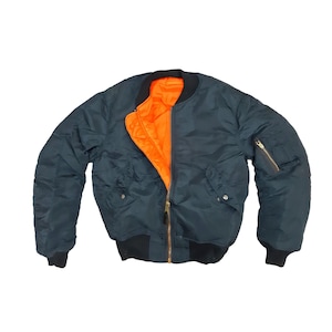 May include: A dark blue bomber jacket with an orange lining. The jacket has a zip closure and two pockets.