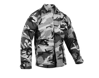 May include: A gray and black camouflage jacket with long sleeves and a button-up front.