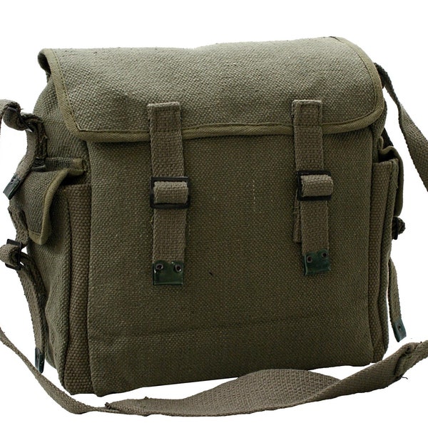 Vintage Canvas Bag With Lateral pockets Web Shoulder Haversack Olive Green Kit Bag