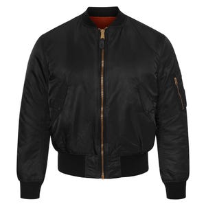 May include: A black bomber jacket with a zip fastening and ribbed collar and cuffs.