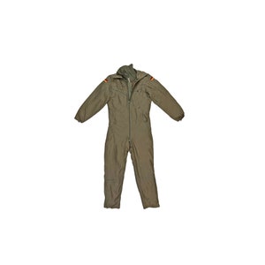 May include: A green flight suit with a zipper closure and a German flag patch on the shoulder.