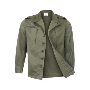 May include: A green utility jacket with a button front and zippered pockets. The jacket has a flap on the left chest with a gray patch.
