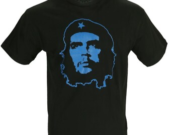 Retro Iconic Che Blue Silhouette Printed T-shirt Black Tee Top