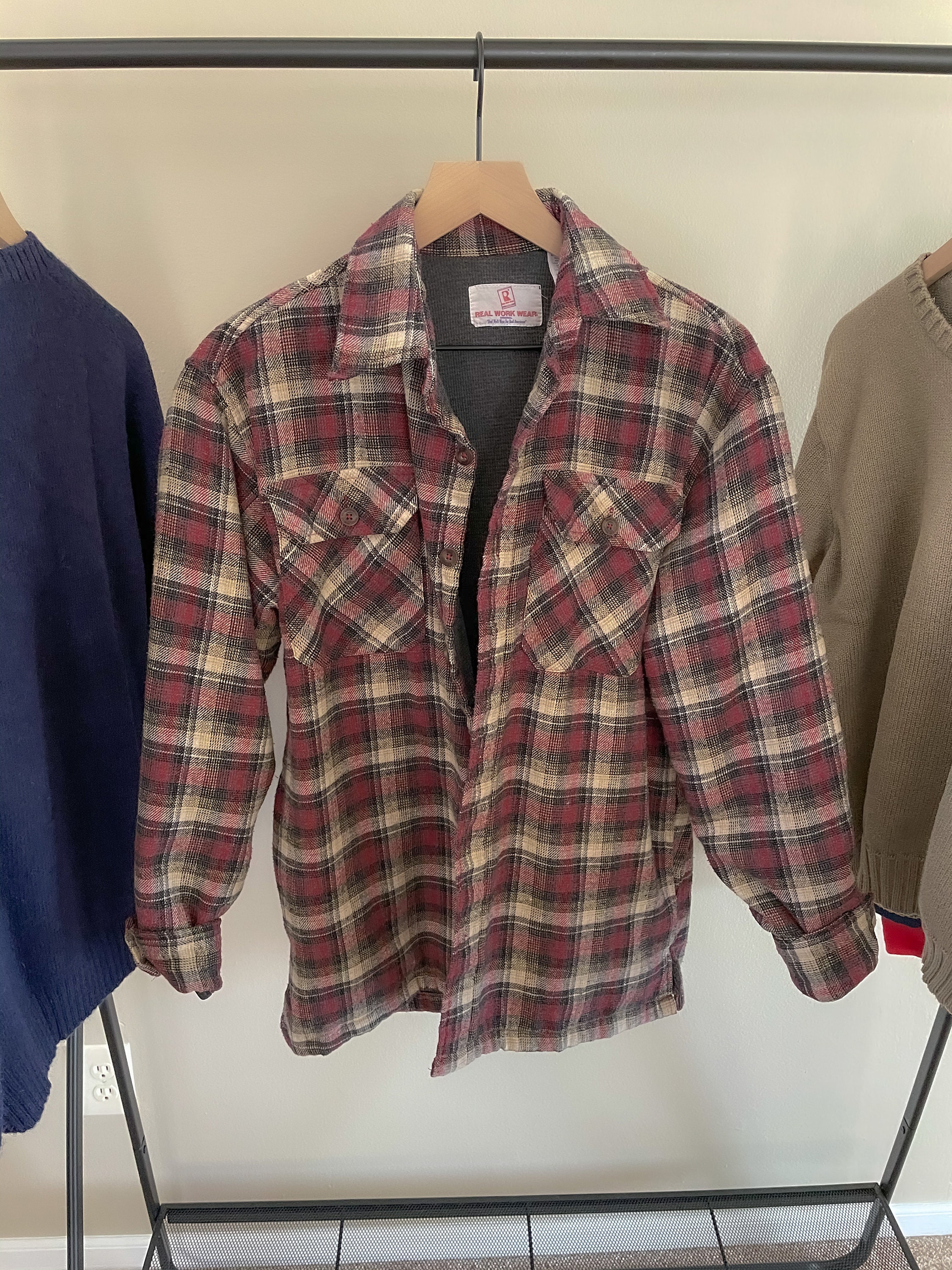 Vintage Flannel Shacket Waffle Lined Button Down Oversized Etsy