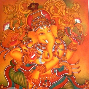 Lord Ganesha, Kerala Mural Painting, Hand Painted, Canvas Rolled, Wall Decor