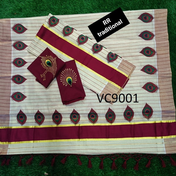 Kerala Special Tissue Color Full Line Peeli Printed Kunjalam Set mundu  with Stitched Blouse/Non Stitched Material,Onam,Vishu,Pooja Wear