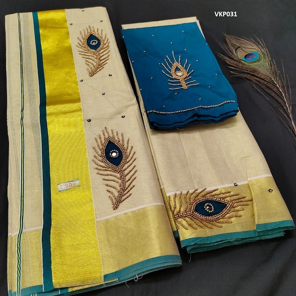 Premium Quality Kerala Golden Tissue Set Mundu with Blouse Material  / Indian traditional women clothing/ Handmade designs/Vishu Onam wear