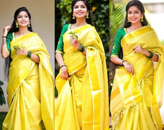 Kerala Saree Traditional Full Golden Color Bridal Tissue Saree with Blouse Material/Handmade designs/Onam Saree,Vishu,Birthday,Festival