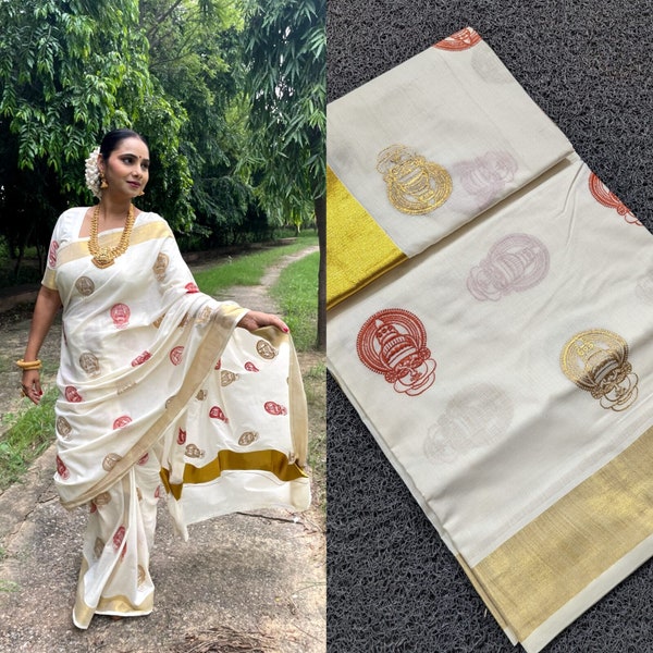 Kerala Cotton Kathakali Embroidered Saree 6.25mtr,Kerala Saree,Vishu Saree,Onam Saree ,Handmade Designs,Pooja,Festivals,Traditional Wear.