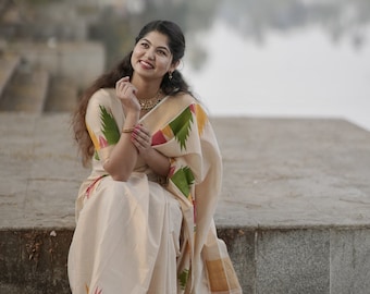 Kerala Traditional  Multi color temple printed golden tissue saree handloom shade tissue Stitched Blouse/Non Stitched Material, Onam, Vishu