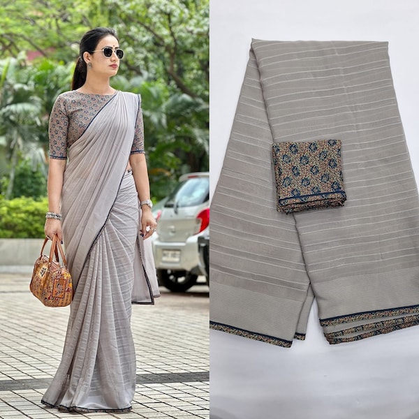 Fancy printed blouse with plain cross jari weave saree with stitched Blouse or Blouse Material / Indian Saree, Kerala Saree, Vishu,Onam
