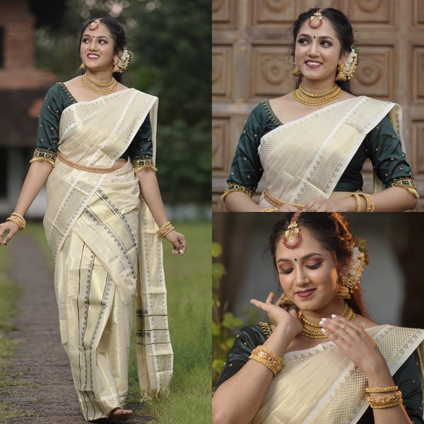 Kerala Special Golden Tissue Border Temple and Kara Work with Tussels Set Mundu 2.80 with Stitched Blouse or  Blouse Material.