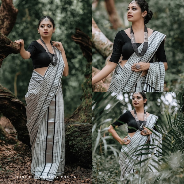 Kerala Special Silver and Black Tissue Lines Set Mundu  2.80 with Stitched Blouse or Blouse Material, Kerala Design / Vishu / Onam,
