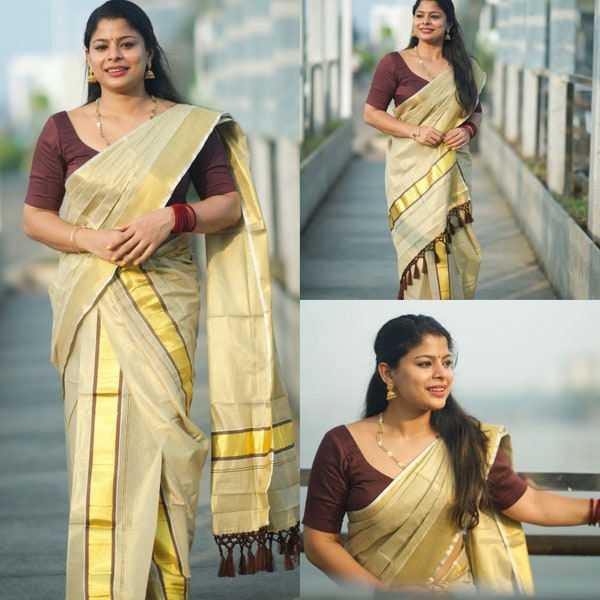 Kerala Special Coffee Colour Tissue Set mundu 2.80 with Stitched Blouse or  Blouse Material, Tissue Set Mundu, Beautiful Kerala  Designs.