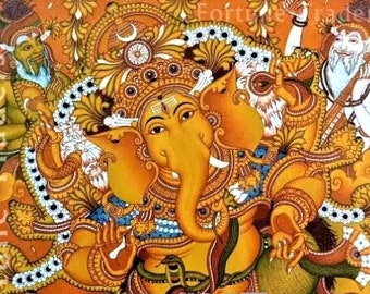 Lord Ganesh Dancing, Kerala Mural Painting Artwork, Canvas Rolled, Original Painting