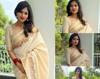 Onam Dress, Kerala Traditional Floral Shed Embroidered Tissue Saree with stitched Blouse / Blouse Material, Indian, Kerala Saree, Onam Saree