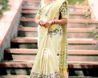 Kerala Traditional  Golden tissue saree with trending lotus design mural printed. Stitched Blouse/Non Stitched Material, Onam, Vishu