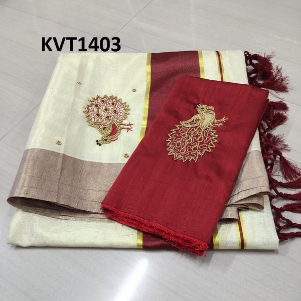 Kerala Tissue Kunjalam Aari Work Set Saree,With Stitched Blouse or Blouse Material,Indian,Handmade,Kerala Saree Traditional, Onam,Vishu .