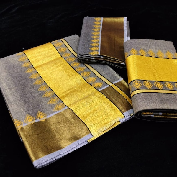 Kerala Special Golden Temple Print Color Tissue Set Mundu  With Blouse 1 Mtrs ,Stitched Blouse or Blouse Material, Vishu,Onam,Birthday wear