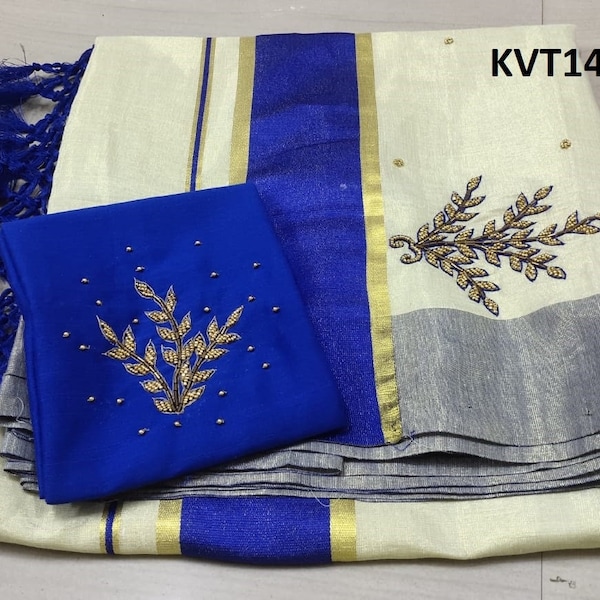 Kerala Tissue Kunjalam Aari Work Set Saree,With Stitched Blouse or Blouse Material,Indian,Handmade,Kerala Saree Traditional, Onam,Vishu .