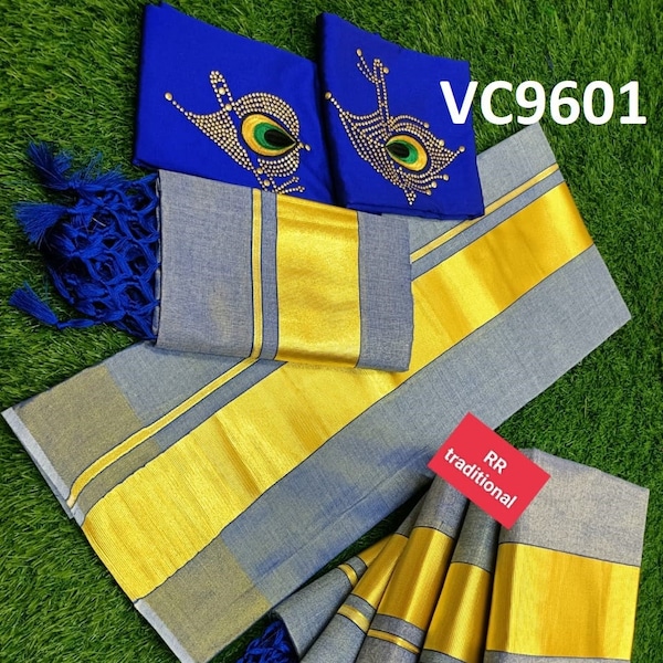 Kerala Special Full Color Tissue Kunjalam Set Mundu 2.80 With Stitched Blouse or Blouse Material,Beautiful Kerala Designs,Onam,Vishu,Pooja.