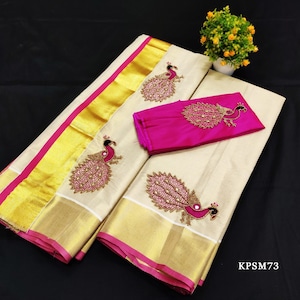 Kerala Tissue Set Mundu/ Set saree with Blouse Material / Ready to Wear Blouse /Traditional women clothing/ Handmade designs/Onam, Vishu KPSM73