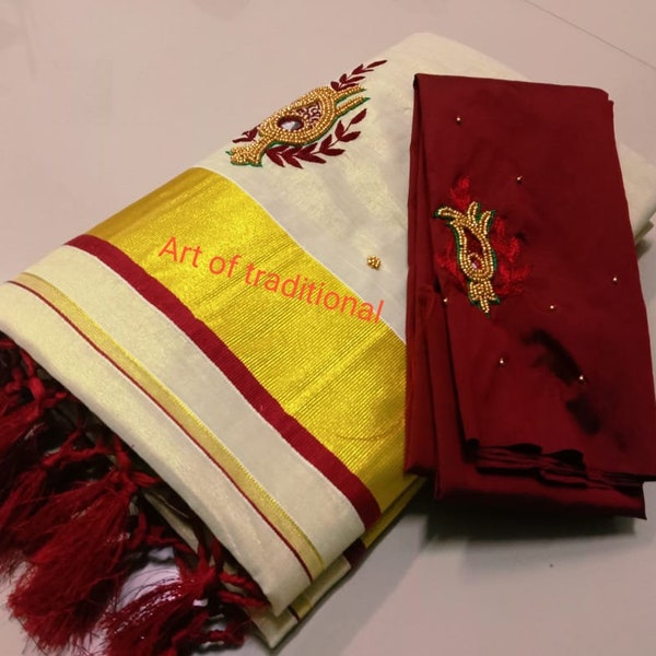 Kerala Traditional Hand worked Tissue Saree with Stitched Blouse or Blouse Material / Handmade designs /Indian traditional /Onam, Vishu wear