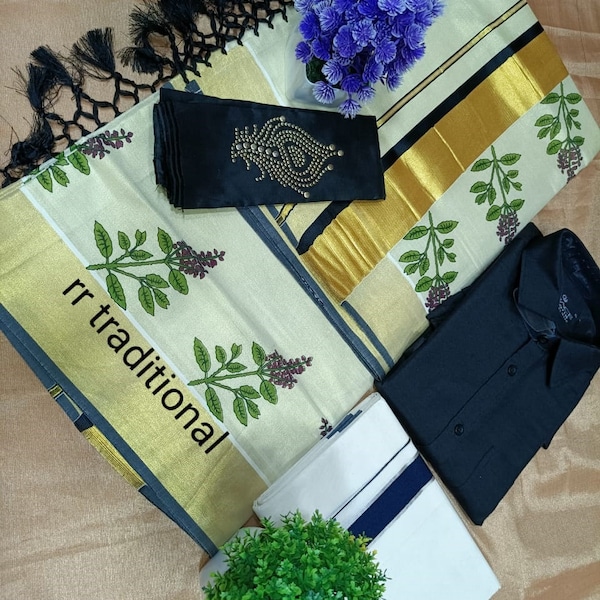 Combo Kerala Tissue Kunjalam Tulasi Printed Set Saree with Stitched/Non Stitch Blouse + Shirt & Dhoti, Kerala traditional Onam, Vishu wear