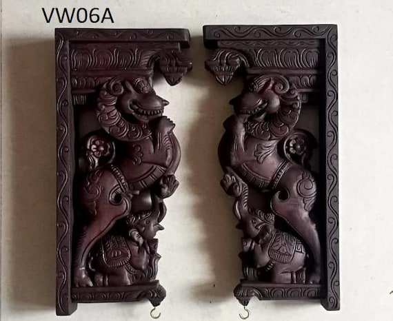Wooden Hand Carved Wall Bracket Pair, Wooden Dragon Yali, Yazhi