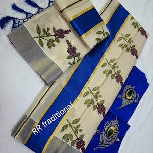 Kerala Traditional Golden Tissue Tulsi printed  Set Mundu with stitched Blouse, Handmade designs /Indian traditional, Vishu , Onam Set Mundu