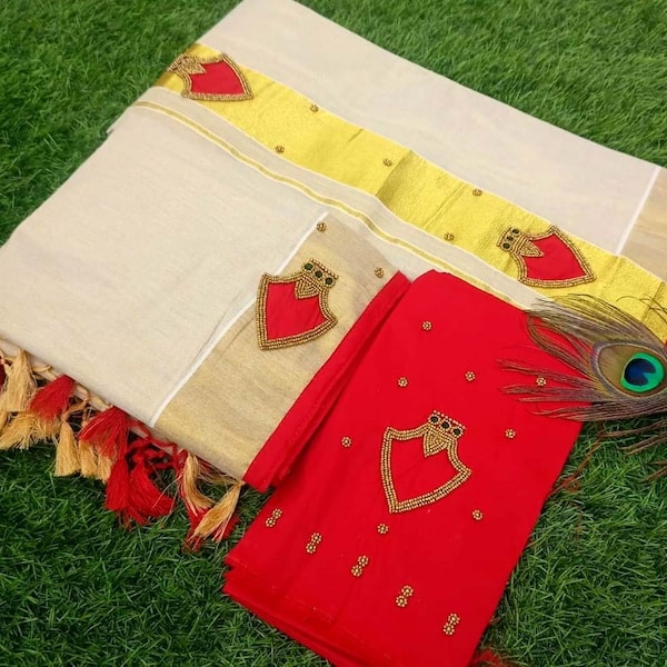 Kerala Palakka Design Set Mundu with Stitched Blouse or Blouse Material, Tissue Set Mundu, Onam Dress, Vishu, Handmade designs, Kerala Style