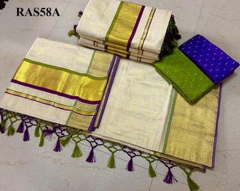 Traditioneller, hochwertiger goldener Kunjalam-Sari aus Kerala mit genähter Bluse oder Blusenstoff. Für Onam/Festival.