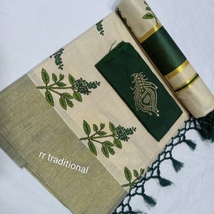 Kerala Tissue Kunjalam Tulasi Printed Set Saree, Stitched Blouse