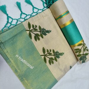 Kerala Tissue Kunjalam Tulasi Printed Set Saree, Stitched Blouse