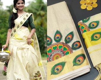 Kerala Golden Peacock Feather Printed Davani Material, Skirt and Blouse material Unstitched, Traditional Handmade designs, Dhavani Lehanka