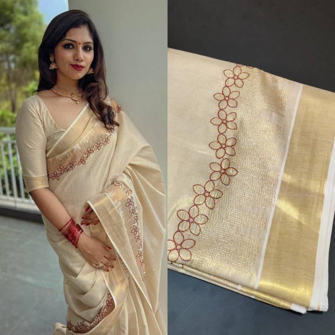 Onam Dress Kerala Traditional Floral Shed Embroidered Tissue Saree onam-dress-kerala-traditional-floral-shed-embroidered-tissue-saree