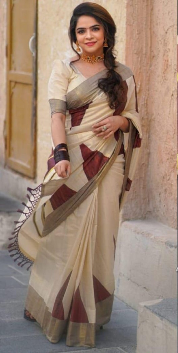 Kerala Traditional Tissue Kunjalam Temple Print Set Saree with Stitched Blouse Indian Traditional Onam Christmas Pooja Birthday Festival