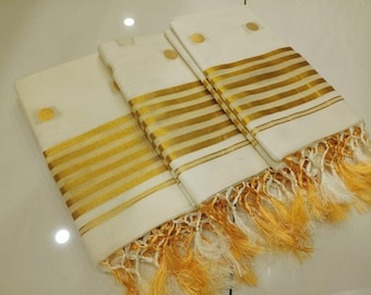 Baumwolle Streifen Borte mit Polkka Webart kunjalam Saree mit Bluse material oder bereit zu Bluse tragen Kerala, Onam, Vishu, Marriage Anlässen