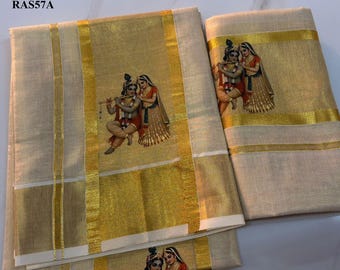 Hochwertiges, mit goldenen Seidenstickern verziertes Mundu-Set aus Kerala mit genähter Bluse oder Blusenstoff, Kerala-Designs, Onam-Set