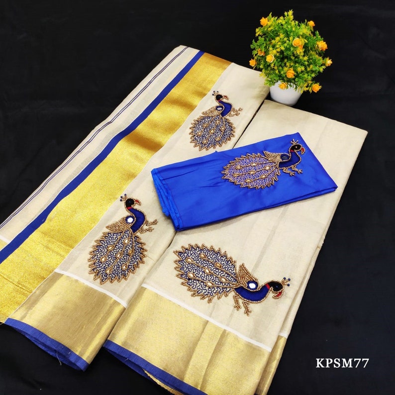 Kerala Tissue Set Mundu/ Set saree with Blouse Material / Ready to Wear Blouse /Traditional women clothing/ Handmade designs/Onam, Vishu KPSM77